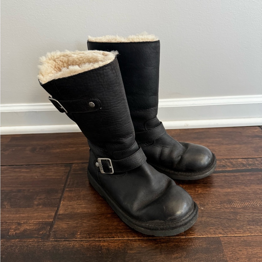 UGG Black Leather Boots with Shearling Lining